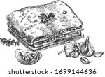 Italian cuisine delicious homemade restaurant food. Lasagna in a vintage hand drawn engraving etching style.