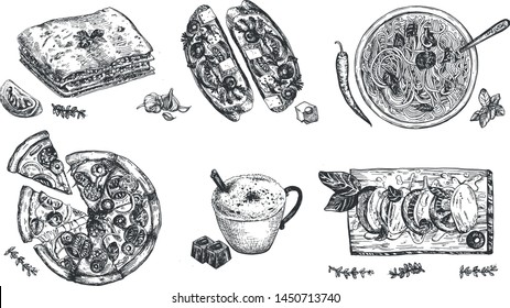Italian cuisine delicious homemade restaurant food set. Pizza, pasta, bruschetta, caprese, coffee cup cappuccino. Vintage hand drawn engraving etching style.