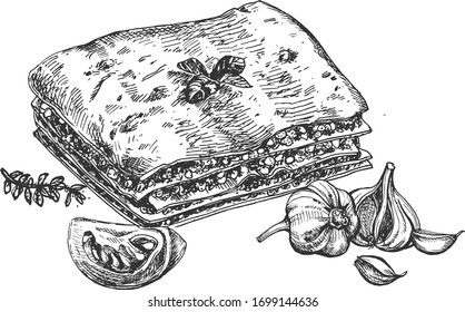 Italian cuisine delicious homemade restaurant food. Lasagna in a vintage hand drawn engraving etching style.