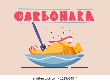 Italian cuisine. Delicious pasta. Cartoon vector illustration. Great dinner. For web and print. Fresh meal. Cook carbonara in restaurant