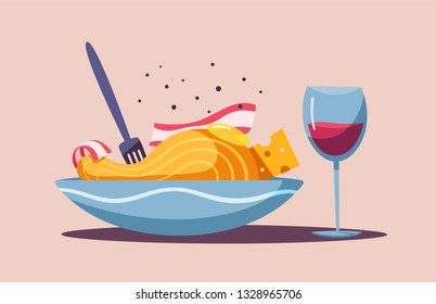 Italian cuisine. Delicious pasta. Cartoon vector illustration. Great dinner. For web and print. Fresh meal. Cook carbonara in restaurant