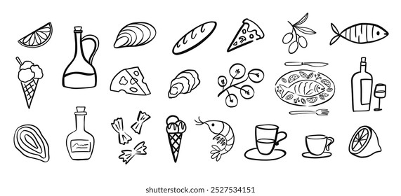 Cocina Italiana Diferentes Elementos De Dibujo Colección. Pasta, Vino, Café, Pizza, Pescado, Aceite de Oliva Ingredientes Ilustraciones vectoriales para Bistro, Cafetería, Menú de Restaurante