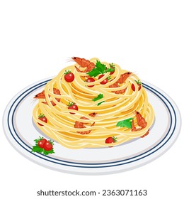 Cocina Italiana. Platos deliciosos de pasta con gambas, tomates de cerezo y hojas de perejil. Ilustración vectorial sobre fondo blanco.