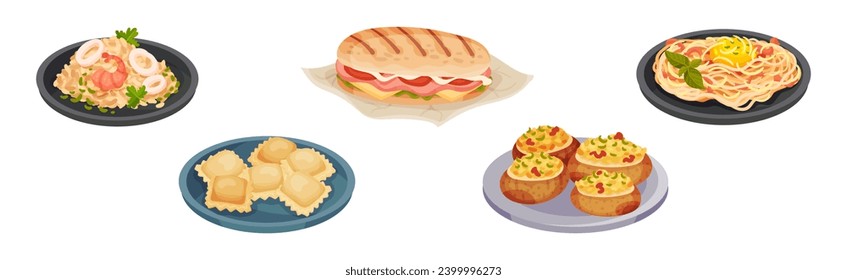 Italian Cuisine Dishes and Food Served on Plate Vector Set