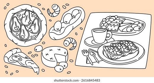 Italian cuisine dishes hand drawn set - pizza and bruschetta, coffee cup on plate, cheese and olives. Black outline doodle dishes for Mediterranean restaurant menu, cafe design or food packaging.