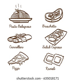 Italian cuisine dishes hand drawn doodle icons. Italian Mediterranean food.