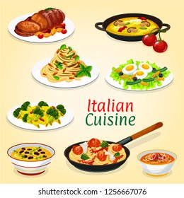 Italian cuisine dishes of meat and fish, pasta. Vector spaghetti with meatballs and tomato sauce, vegetable soup and pesto linguine, baked pork, broccoli cheese penne, tuna egg salad and chestnut soup