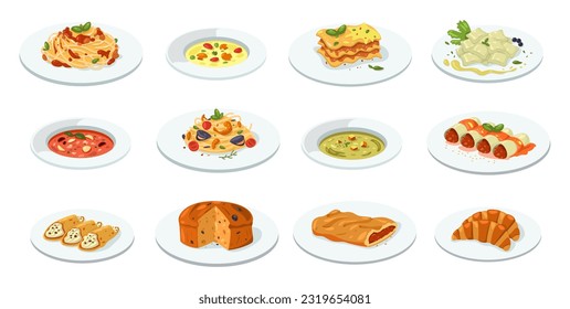 Italian cuisine dishes. Mediterranean traditional meals, delicious pasta and pizza, salami and cheese at cafe and restaurant. Vector flat set of cuisine food italian illustration