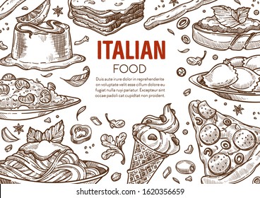 Italian cuisine dishes, pasta and pizza, ravioli and ice cream sketches poster vector. Restaurant food menu, bruschetta and lasagna, agnoltti and gelato. Fettucine Alfredo and bread sticks meals