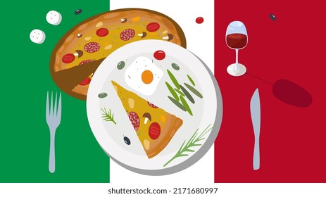 Italian cuisine dishes with pizza with mozzarella, mushrooms and tomatoes. Fried eggs with vegetables and herbs. Drink a glass of wine. Italy flag in the background