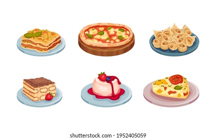 Italian Cuisine Dishes with Pizza and Tiramisu Dessert Vector Set