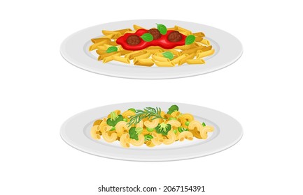 Italian cuisine dishes set. Traditional pasta with vegetable sauce vector illustration