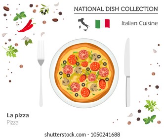 Italian Cuisine. European national dish collection. Pizza isolated on white, infographic. Vector illustration