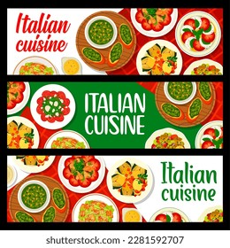 Italian cuisine food banners. Crostini with Pesto sauce, Caesar and pasta salad with smoked fish, stuffed artichoke, Caponata and tomato mozzarella salad Caprese, beef Carpaccio, chicken salad