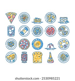 Cocina Italiana Comida Pasta Doodle Iconos Set Vector. línea de dibujo Art Plate Dinner, comida deliciosa, mesa Italia, restaurante gourmet, espaguetis, cocina vegetariana Italiana Comida Pasta Ilustraciones a color