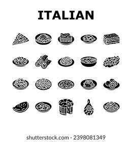 los íconos de pasta alimenticia de cocina italiana ponen vector. cena, almuerzo de espagueti, plato, plato, plato, plato, cocina italiana fresca comida pasta pictograma de glifo Ilustraciones