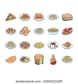 italian cuisine food pasta icons set vector. dinner meal, spaghetti lunch, dish restaurant, cheese healthy, plate, basil, fresh italian cuisine food pasta color line illustrations