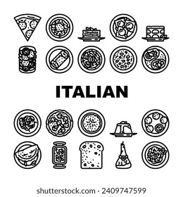 italian cuisine food pasta icons set vector. plate dinner, meal delicious, table italy, restaurant gourmet, spaghetti, vegetarian italian cuisine food pasta black contour illustrations