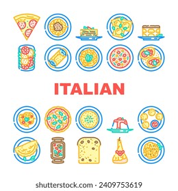 los íconos de pasta alimenticia de cocina italiana ponen vector. cena de platos, comida deliciosa, italia de mesa, restaurante gourmet, espagueti, cocina vegetariana italiana, platos de pasta ilustraciones de la línea de color