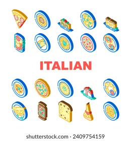 italian cuisine food pasta icons set vector. plate dinner, meal delicious, table italy, restaurant gourmet, spaghetti, vegetarian italian cuisine food pasta isometric sign illustrations