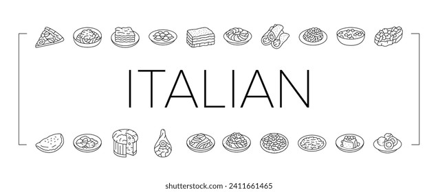 italian cuisine food pasta icons set vector. dinner meal, spaghetti lunch, dish restaurant, cheese healthy, plate, basil, fresh italian cuisine food pasta black line illustrations