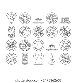 italian cuisine food pasta icons set vector. plate dinner, meal delicious, table italy, restaurant gourmet, spaghetti, vegetarian italian cuisine food pasta black contour illustrations