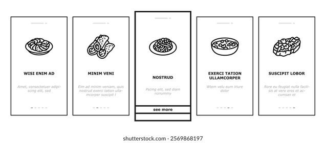 italian cuisine food pasta onboarding mobile vector dinner meal, spaghetti lunch, dish restaurant, cheese healthy, plate, basil, fresh italian cuisine food pasta illustrations