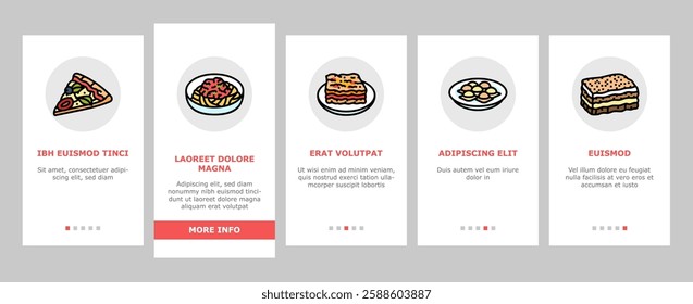 italian cuisine food pasta onboarding mobile vector dinner meal, spaghetti lunch, dish restaurant, cheese healthy, plate, basil, fresh italian cuisine food pasta illustrations