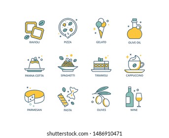 Italian cuisine, food related colored line icons with ravioli, pizza, ice cream, olive oil, panna cotta, spaghetti, pasta, tiramisu, coffee, cheese, wine. 