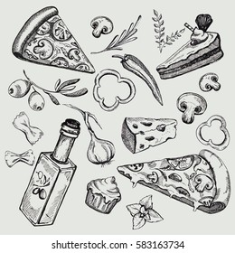 Italian cuisine. Italian food set: pizza, cheese, olive, pepper, pasta, cake, mint, garlic, cupcake, mushrooms, oil bottle. Vintage hand drawn sketch vector illustration. 