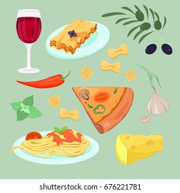 Italian cuisine. Italian food set: pizza, cheese, olive, pepper, pasta, mint, garlic, cheese, lasagna, glass of red wine.  Cartoon food vector illustration. 
