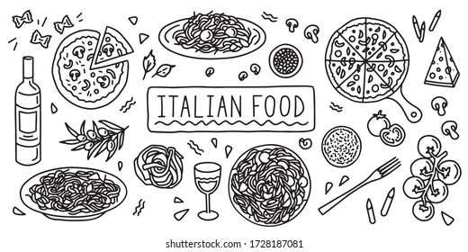 Italian cuisine, food. Simple doodle outline style. Vector stock black and white illustration.