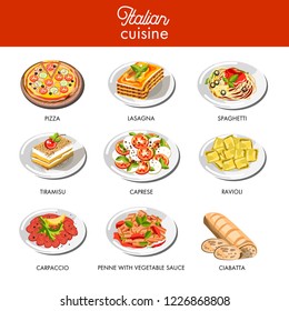 Italian cuisine food traditional dishes of pasta spaghetti, pizza or lasagna meat, caprese cheese and vegetable salad, ciabatta bread or risotto rice and tiramisu dessert cake. Vector isolated icons