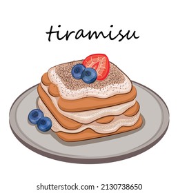 Italian cuisine, food. vector flat illustration isolated on white background. delicious tiramisu cooking cafe dessert pie cupcake feather. stock image. for restaurant menus and posters. delivery sites