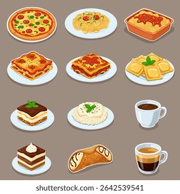 Italian Cuisine with Food Vector, Pasta, and Dessert.