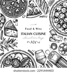  Italian cuisine frame design in sketch style. Hand-drawn pizza, pasta, risotto with mushrooms, and canape. Mediterranean food vector background. Restaurant menu design