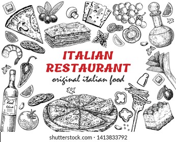 italian cuisine frame. A set of classic Italian dishes. Food menu design template. Vintage hand drawn sketch vector illustration. Engraved image.. White background.