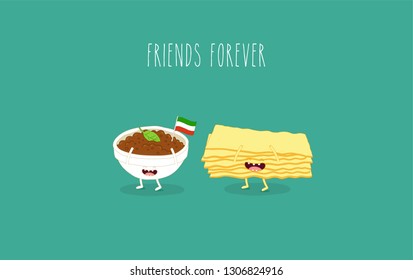 Italian Cuisine, funny lasagna sheets with ground beef. Vector illustration. You can use for cards, fridge magnets, stickers, posters or restaurant menu.