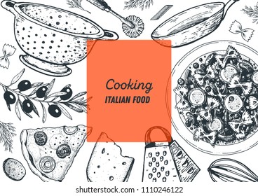 Italian cuisine hand drawn illustration. Italian food cooking frame. Sketch vector illustration. Cooking pasta and pizza.