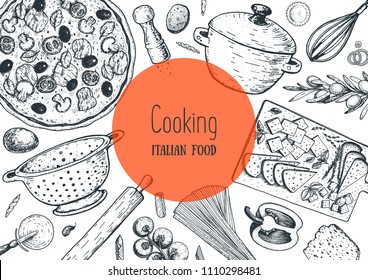 Italian cuisine hand drawn illustration. Italian food cooking frame. Sketch vector illustration. Cooking pasta and pizza.