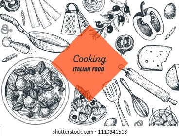 Italian cuisine hand drawn illustration. Italian food cooking frame. Sketch vector illustration. Cooking pasta and pizza.