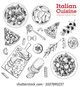 Italian cuisine hand drawn set. Vintage vector illustration. Italian food sketch collection. Pasta, pizza and ravioli illustration. Engraving image.