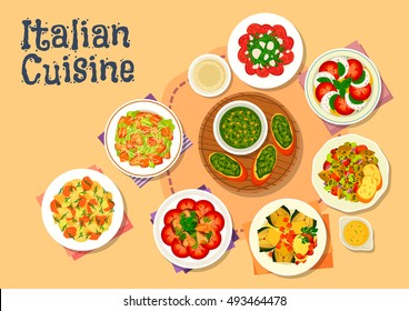 Italian cuisine icon of healthy dinner dishes with caesar salad, salmon pasta salad, basil pesto, tomato mozzarella salad, beef carpaccio, chicken mushroom salad, baked artichoke, eggplant stew