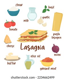 Italian cuisine. Illustration of Italian lasagna recipe and ingredients. Vector illustration for menu, cookbooks, instagram.

