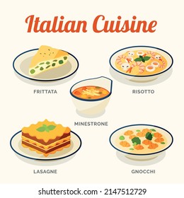 Italian cuisine, includes frittata, risotto, minestrone soup, lasagne and gnocchi - Vector illustration