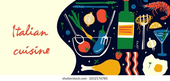 Italian cuisine ingredients in a modern vector style. Colorful food elements like pasta, wine, shrimp, vegetables, and herbs arranged creatively for cooking and gastronomy themes