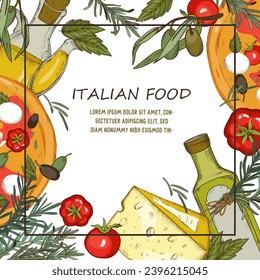 Italian cuisine label template with square frame sketch vector illustration. Italian food banner with olive oil and cheese for recipes, cooking tips, and kitchen.