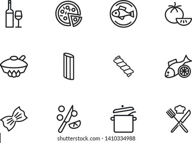 Italian cuisine line icon set. Wine, pizza, salmon. Food concept. Can be used for topics like healthy diet, restaurant menu, dinner, cooking