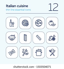 Italian cuisine line icon set. Wine, pizza, salmon. Food concept. Can be used for topics like healthy diet, restaurant menu, dinner, cooking