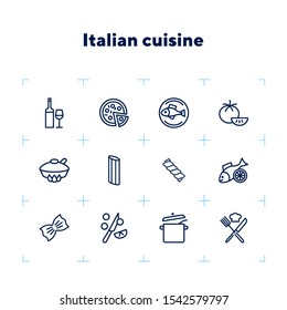 Italian cuisine line icon set. Wine, pizza, salmon. Food concept. Can be used for topics like healthy diet, restaurant menu, dinner, cooking